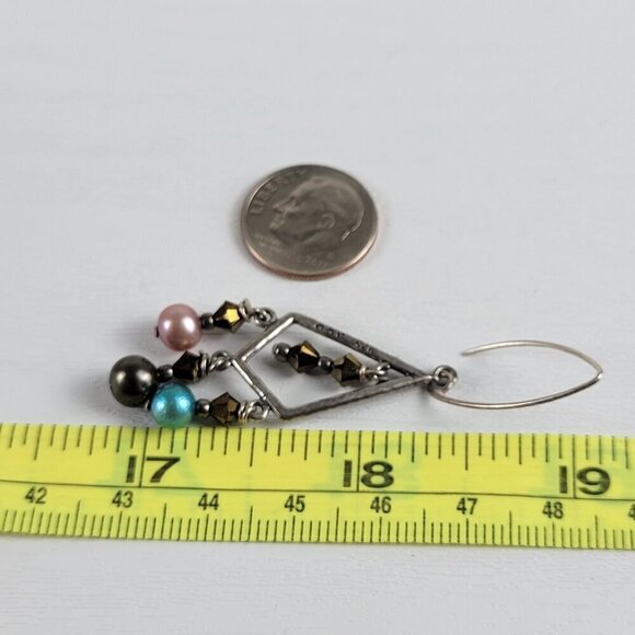 Sterling Silver 925 Multicolor Pearls Crystal Chandelier Earrings 1.5" Hook - Picture 6 of 6